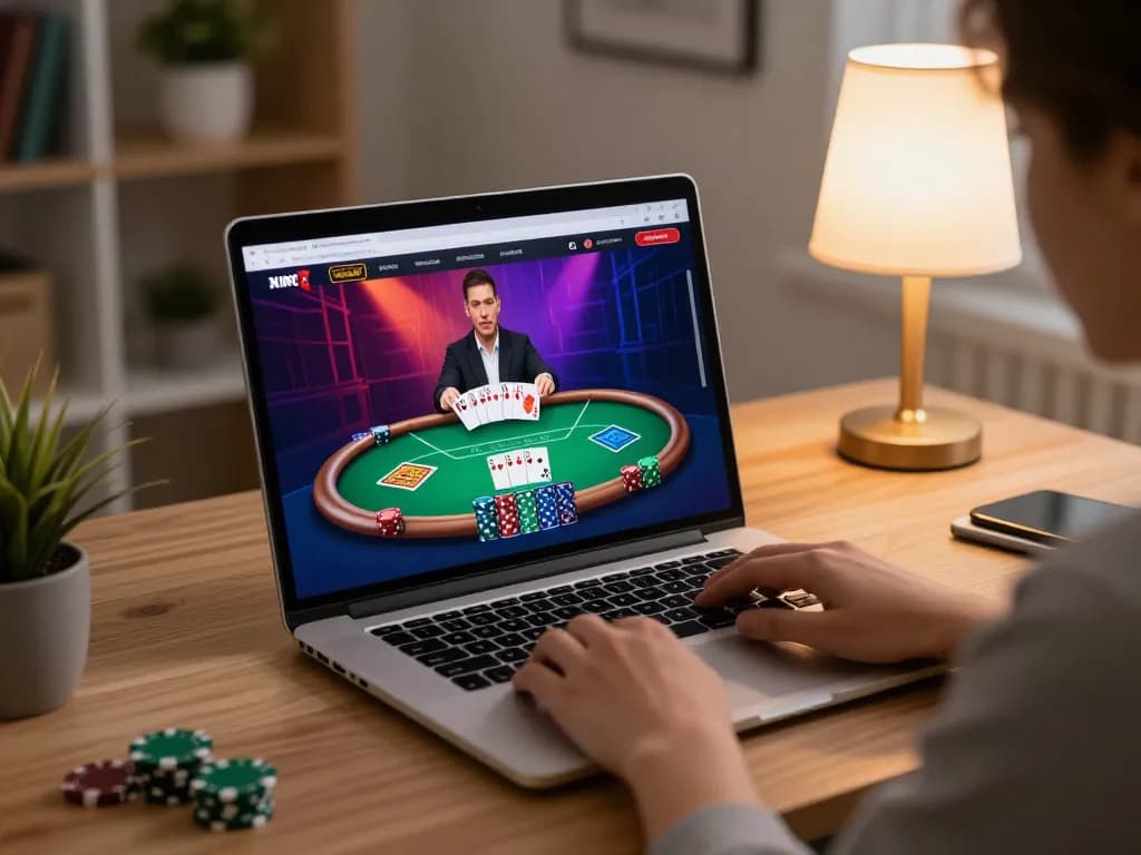 Engaging in strategic online poker gameplay on a laptop at home, showcasing kp88 gaming interface.