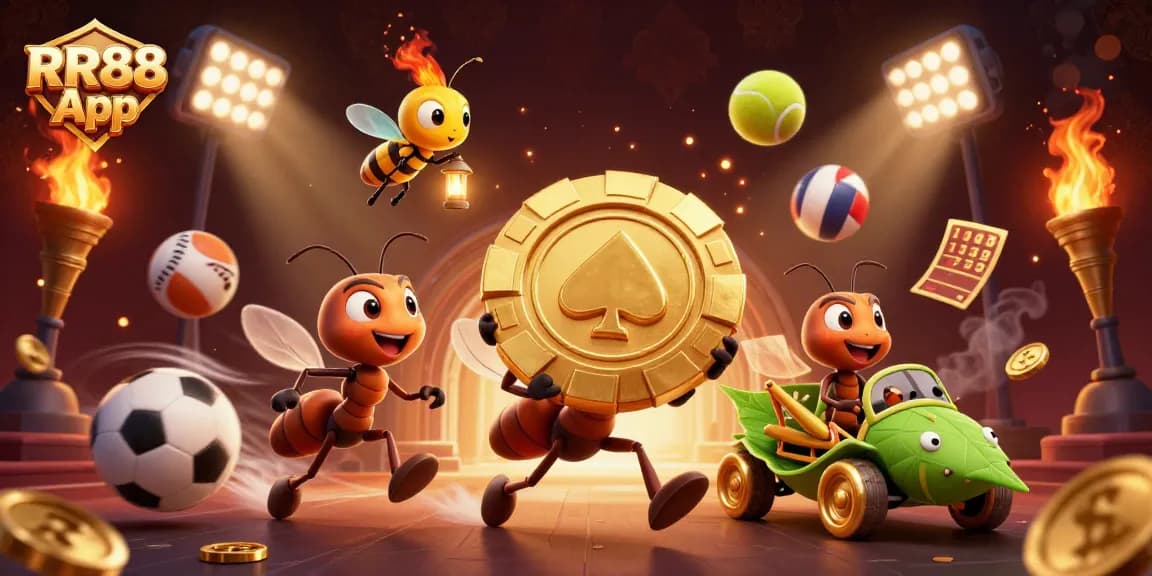 Engage with the RR88 App by exploring an exciting heist performed by cartoon ants carrying a golden chip.