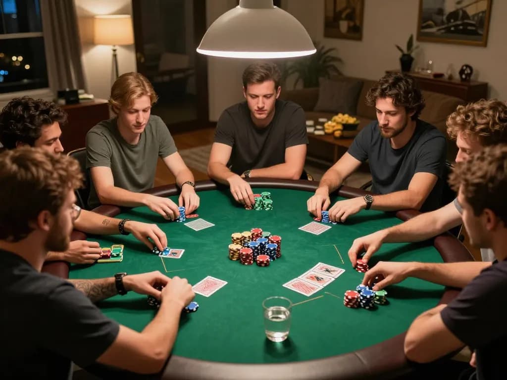 Friends playing poker at home during an exciting game night with MM 88 stakes.