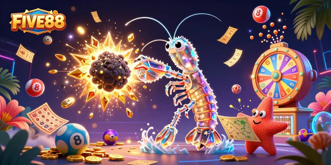 Engage in dynamic action with FIVE88 as a galactic mantis shrimp triumphs in a colorful lottery scenario.
