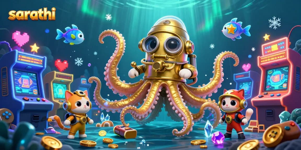 Play games and win rewards with sarathi in a vibrant casino-themed 3D illustration.