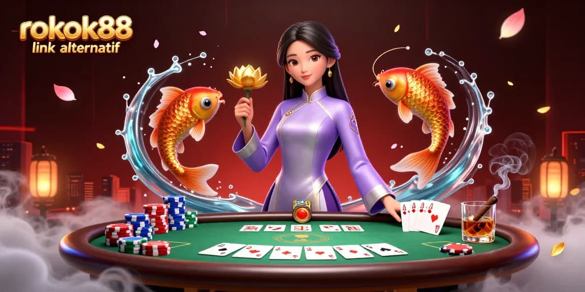 Engage with the vibrant rokok88 link alternatif, featuring an Asian woman in an ao dai, casino elements, and koi fish.