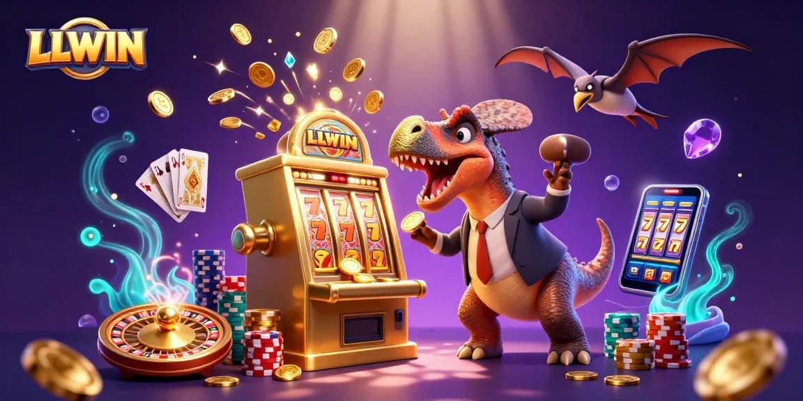 LLWIN showcases a vibrant scene of a cartoon dinosaur interacting with a slot machine amid cascading coins in a dynamic casino setting.