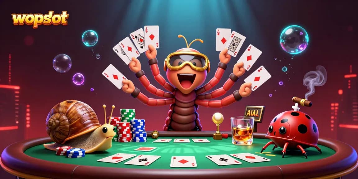 Wopslot mempersembahkan dealer kartun 3D dengan kartu bermain, dikelilingi elemen kasino yang menarik.