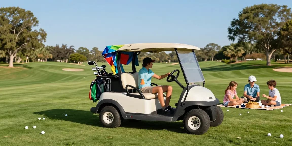 Golf cart cover shielding a cart from sun exposure while a family picnics on the green.