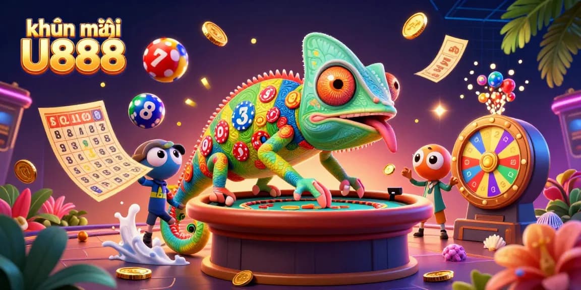 Win exciting rewards with khuyến mãi U888 in this vibrant casino scene filled with lottery and gaming elements.