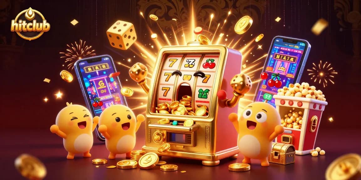 Experience the excitement of hitclub with a golden slot machine in a jackpot frenzy, surrounded by coins and celebration.