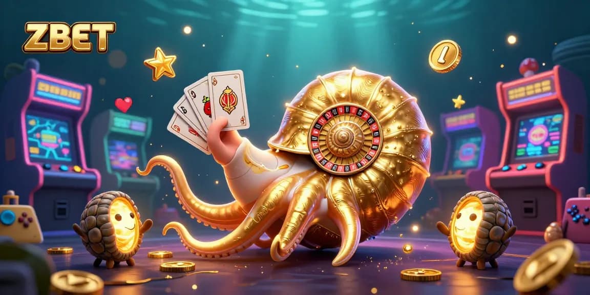 ZBET's vibrant game scene showcases an ancient nautilus roulette wheel with glowing ammonites, inviting gamers to play.