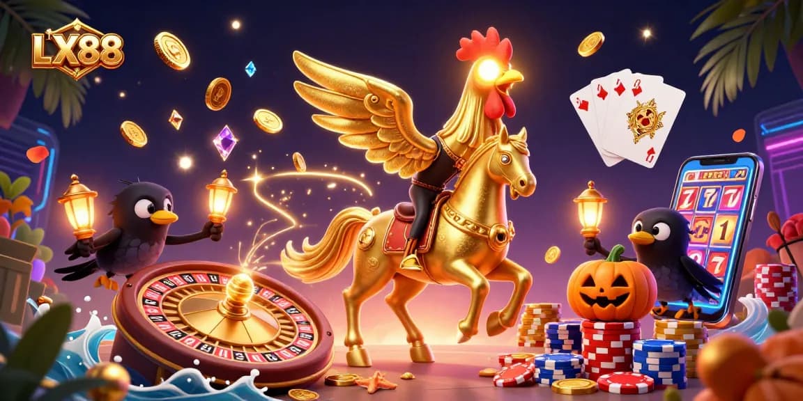 Experience the vibrant LX88 casino scene with a golden rooster and glowing elements in action.