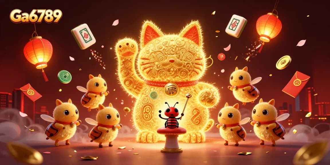 Engage in thrilling cockfighting action at Ga6789, featuring the iconic lucky cat surrounded by vibrant casino elements.