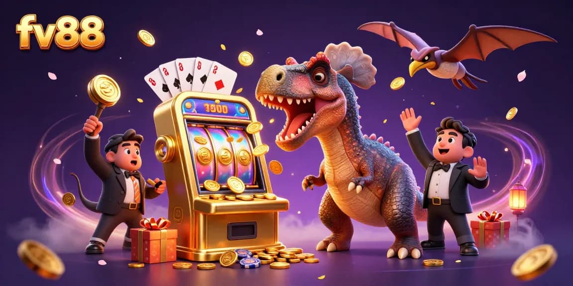 fv88 players making a jackpot win with a jackpot slot machine, flying golden coins and vibrant casino elements
