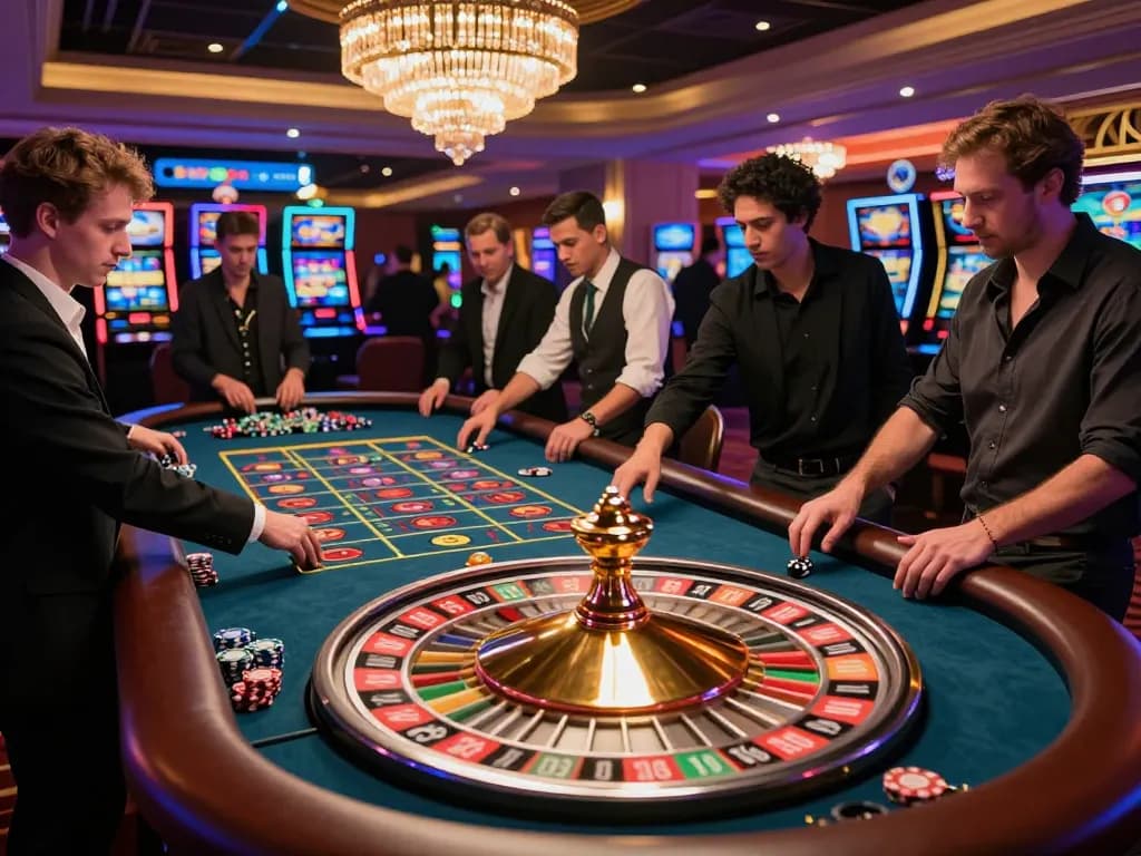 Players engaged at the LV88 roulette table, vibrant atmosphere and colorful chips creating excitement