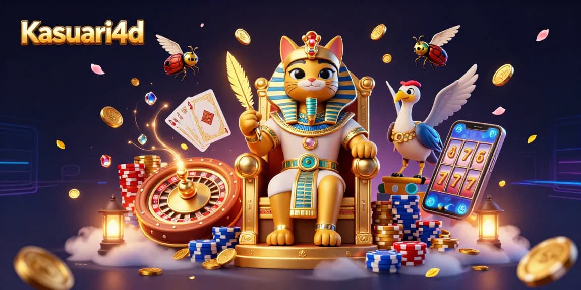 Kasuari4d menampilkan ilustrasi kasino dengan kucing firaun kartun, koin emas berjatuhan, dan elemen permainan.