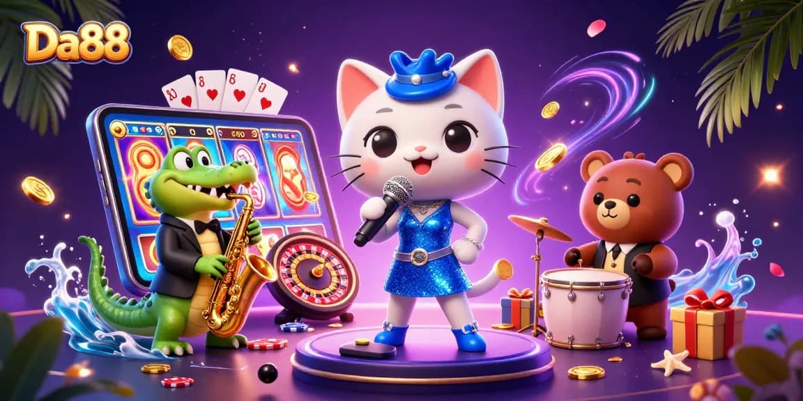 Engage with Da88 at this lively casino scene featuring vibrant characters and gaming elements.