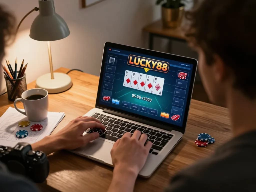 Engaging in online poker gameplay at LUCKY88 on a laptop, cozy home setting with warm lighting.