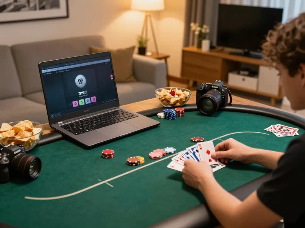 Player engaging with the IWINCLUB poker app on a laptop in a cozy home setup