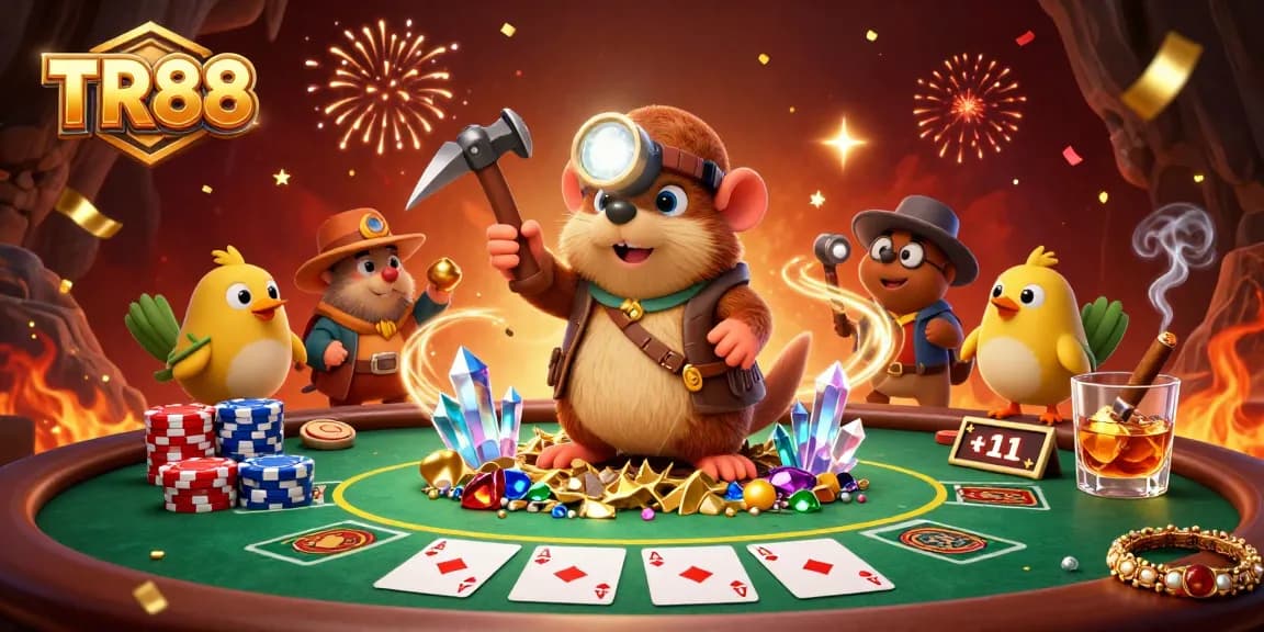 Experience dynamic gaming excitement with TR88 at a vibrant poker scene featuring a lucky treasure hunter mole.