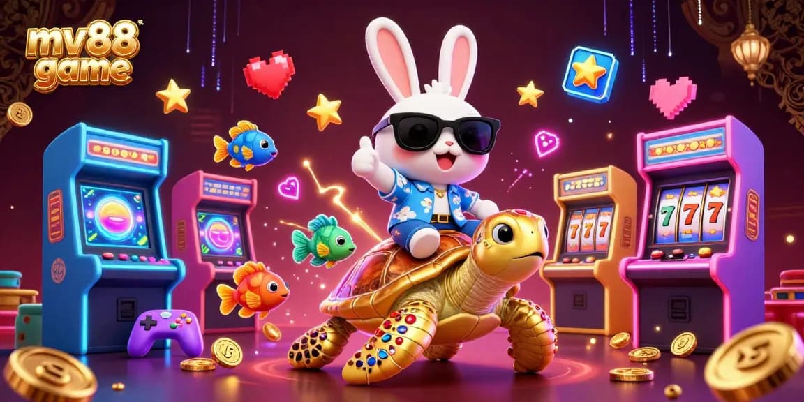 Experience the thrill of the mv88 game with a lucky rabbit and golden sea turtle in an exhilarating 3D digital casino scene.