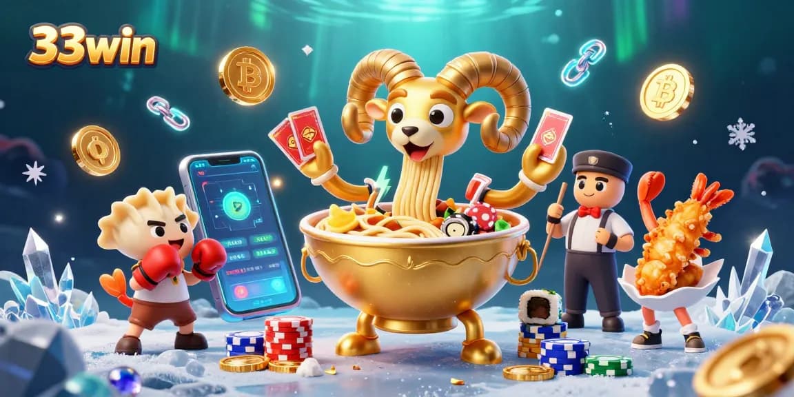 Engage in thrilling casino action with 33win's vibrant digital illustration featuring a golden ramen bowl dealer and crypto elements.