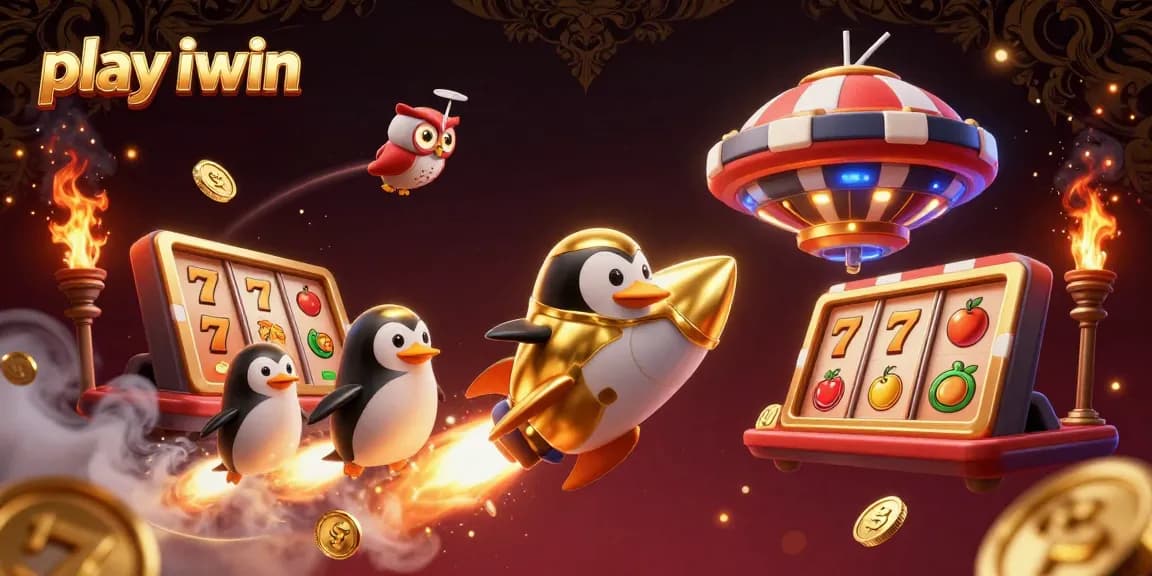 Play iwin with a vibrant 3D cartoon scene featuring a penguin and casino elements.
