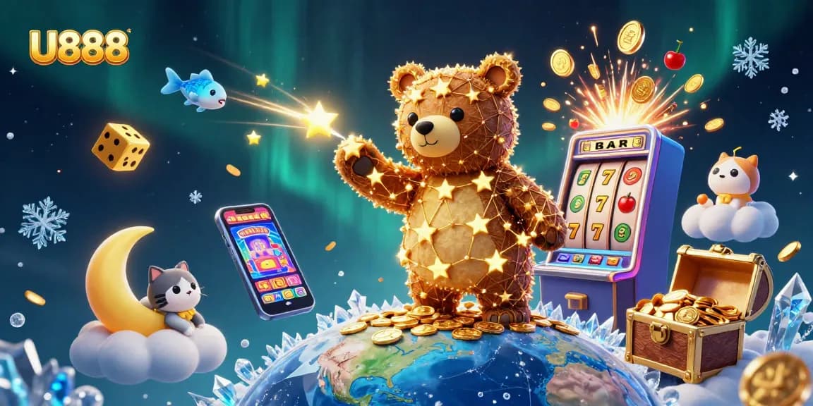 Experience thrilling gameplay at U888 with vibrant slot machines and celestial characters.