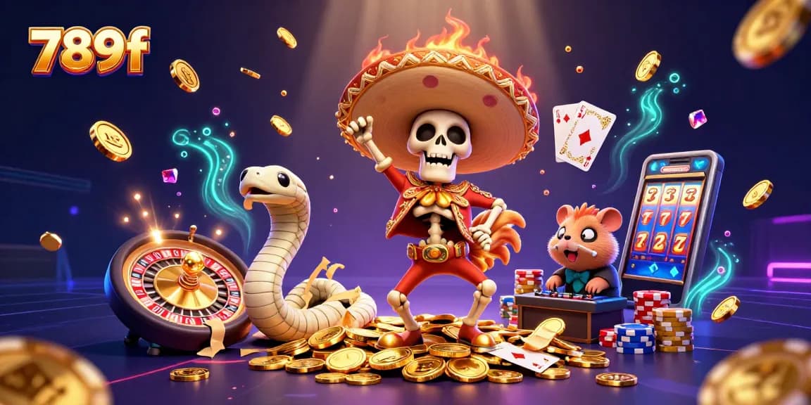 Engage with 789f's thrilling casino world showcasing vibrant characters amid cascading coins and games.