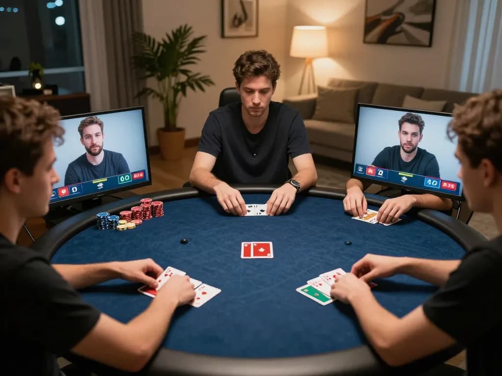 Players engaged in online poker on DH88, highlighting strategic gameplay in a comfortable home setting.