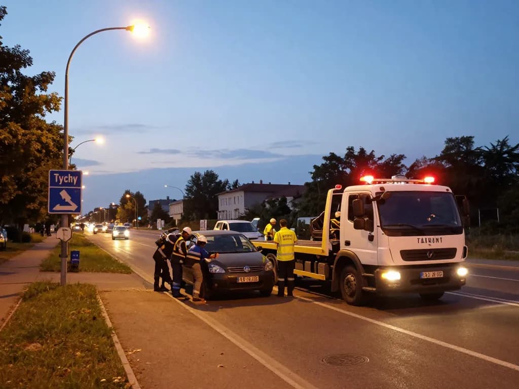 Pomoc drogowa w Tychach prezentująca przystępną pomoc dla uwięzionych kierowców w nocy.