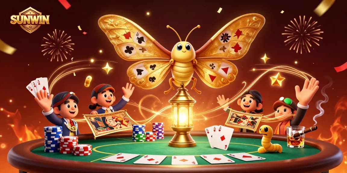 SUNWIN offers thrilling casino gameplay, showcasing 3D vibrant moth and poker elements in an exciting illustration.