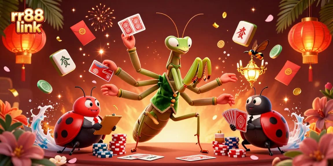 Engage with the rr88 link in a lively online casino scene featuring a giant mantis card sharp and a ladybug pit boss.