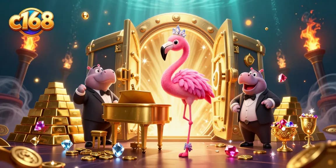 Spin and win at c168 with vibrant casino scenes featuring animated characters and treasures.