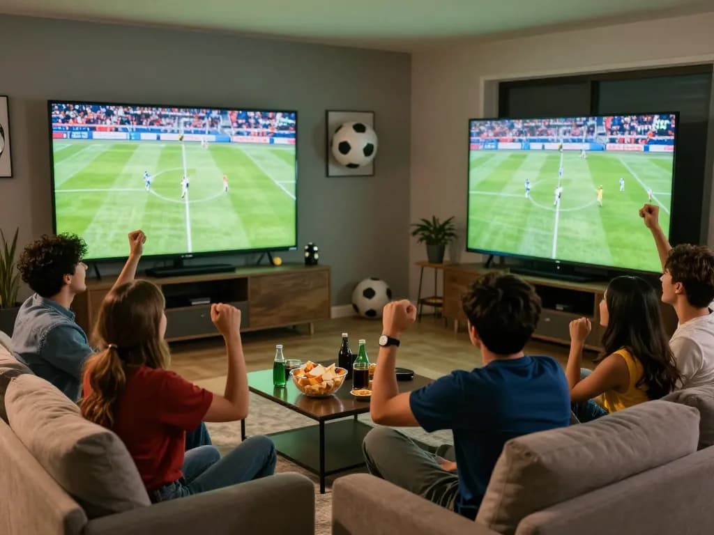 Xem trực tiếp bóng đá lương sơn tv cùng bạn bè trong một phòng khách sôi động, đầy sự phấn khích.