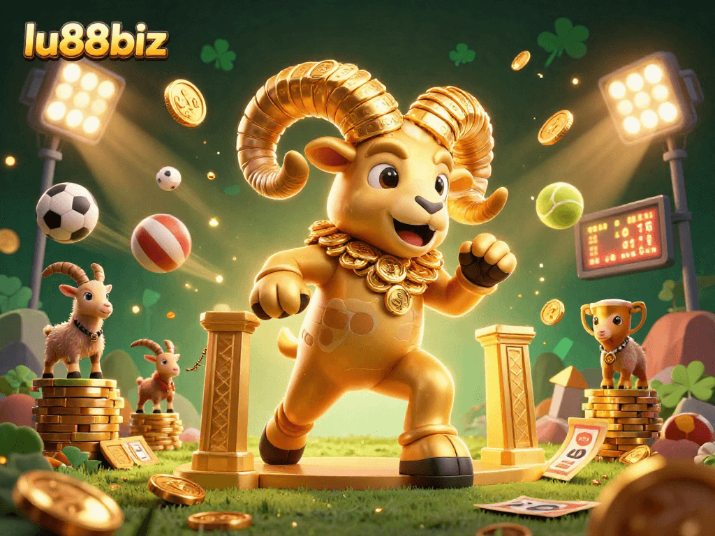 Engage in winning strategies with lu88biz in this vibrant 3D casino scene filled with sports betting elements.