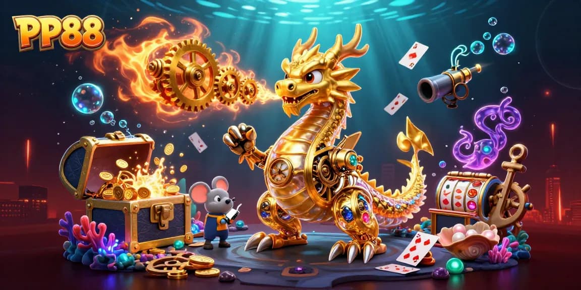 Experience thrilling gaming action with PP88's dynamic illustration of a golden dragon amidst casino treasures.