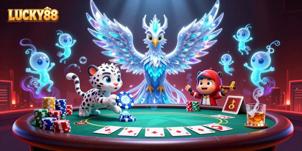 Play exciting games at LUCKY88 with a vibrant scene showcasing an ice phoenix and lively elements.
