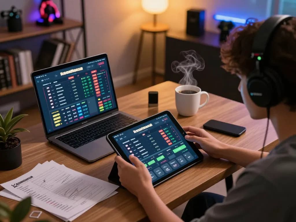 Engaging in keonhacai sports betting on a tablet at home, showcasing strategy notes and warm ambiance.