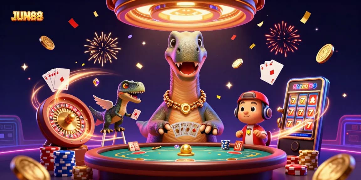 Experience the thrill of JUN88 with vibrant casino characters and gaming action in this dynamic illustration.