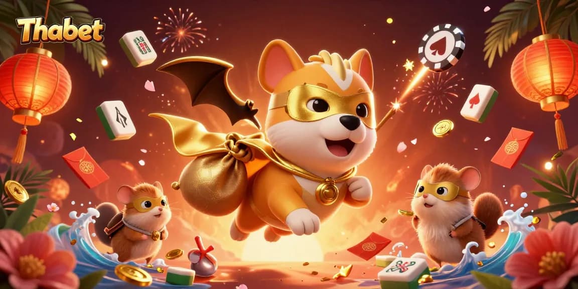 Experience winning at Thabet with a superhero dog and hamster gaming in a vibrant casino environment.