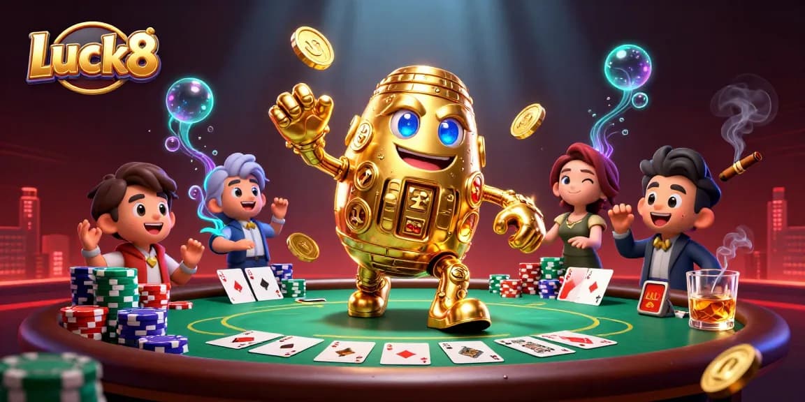 Engage in thrilling gaming action at Luck8 with a vibrant casino illustration capturing a golden golem amidst poker excitement.