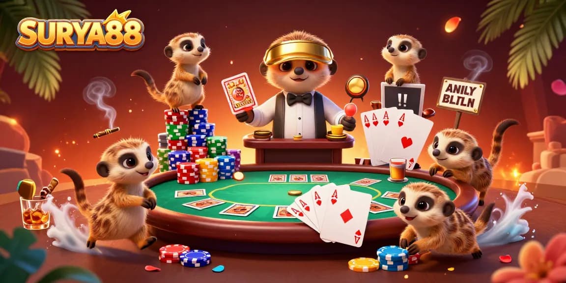 SURYA88 meerkats orchestrating a lively casino scene filled with vibrant poker elements.