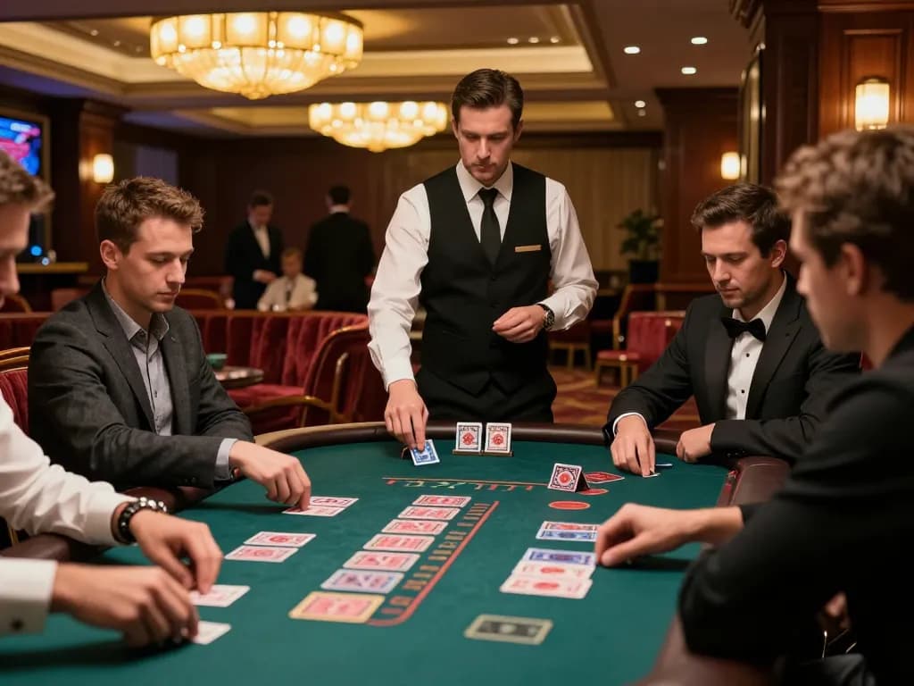 Sbobet players engage in a strategic blackjack game at a luxurious casino table.