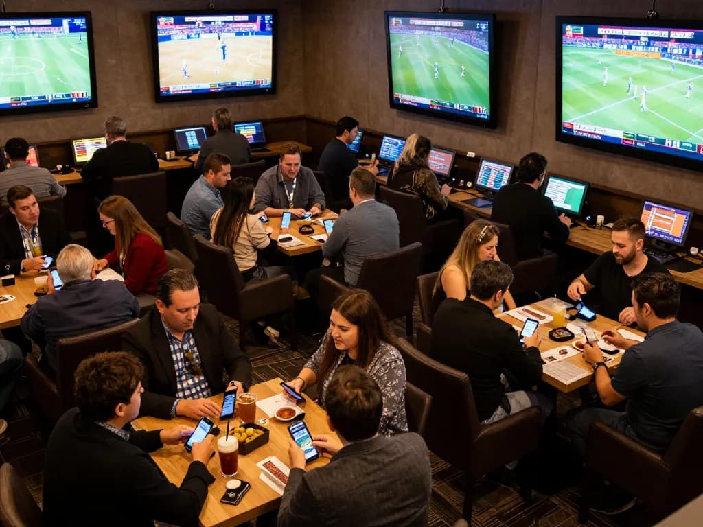 Fans engaging in live sports betting at F168, placing bets on mobile devices in a vibrant lounge
