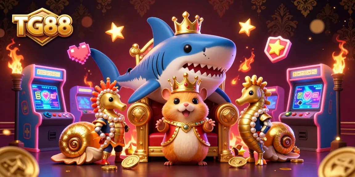 Experience fun and excitement with TG88's dynamic casino scene featuring a golden hamster king and vibrant game elements.
