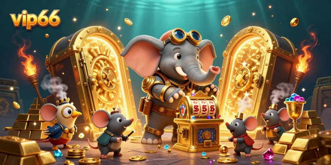 Engage with vip66 at this vibrant casino scene featuring a steampunk elephant and golden treasures.