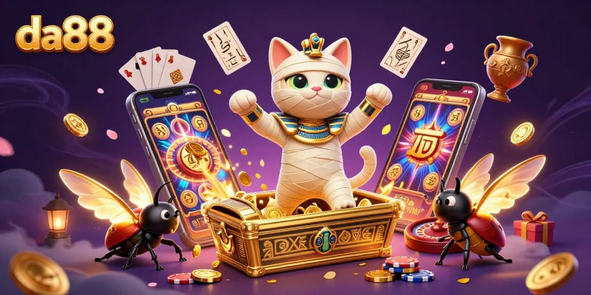 Engage in exciting gameplay at da88 with an animated scene of a mummy cat emerging from treasure.