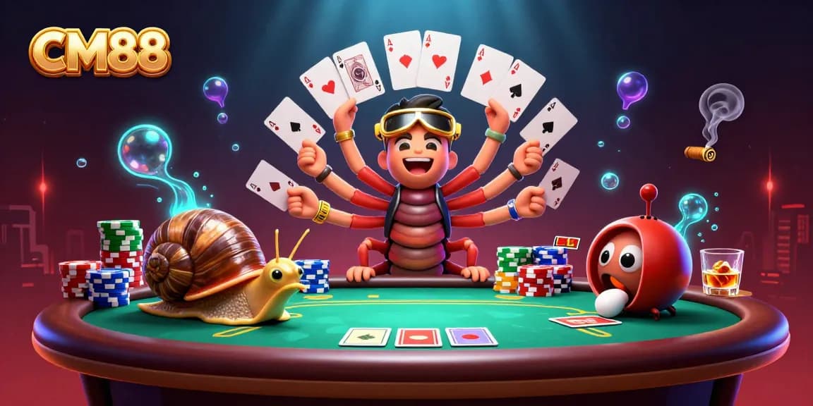 CM88 poker scene with a millipede dealer and high-roller snail, showcasing vibrant casino elements.