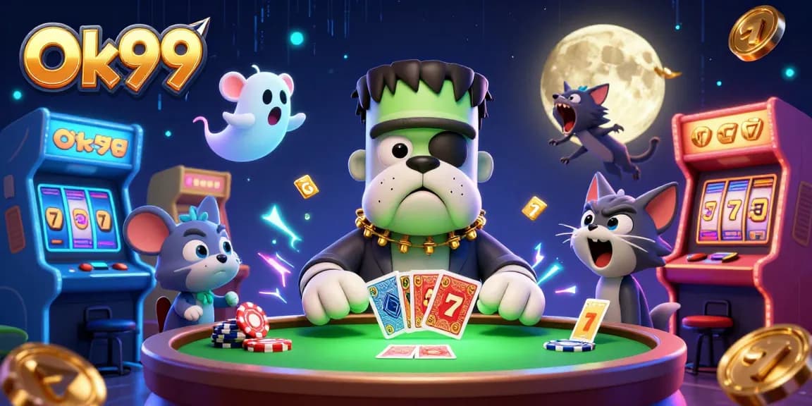 Engage in thrilling games at Ok99 with a vibrant scene featuring a Frankenstein bulldog dealer, ghost mouse, and werewolf kitten.