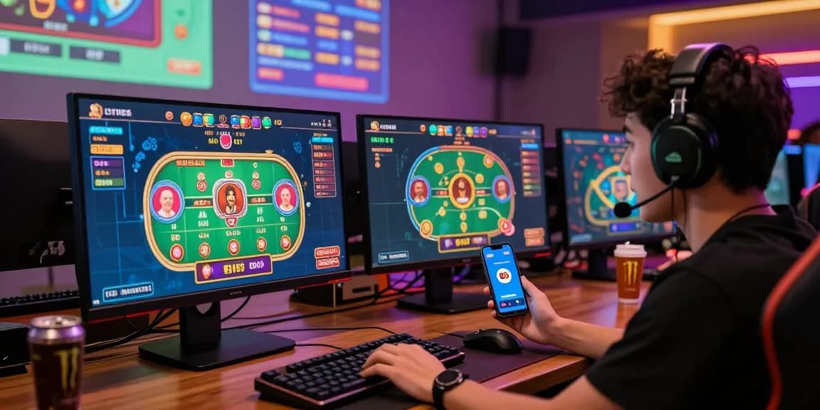 Engaged player at b52 club enjoying vibrant online casino games in a modern gaming setup.