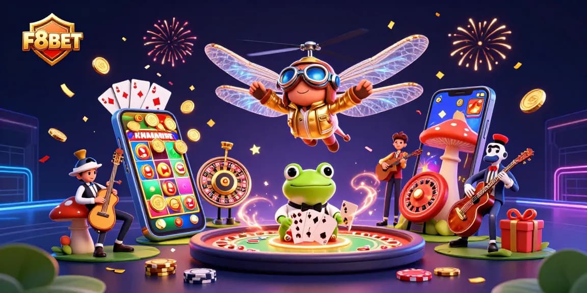 Experience vibrant action with F8BET as a dragonfly pilot hovers over a lily pad casino scene.