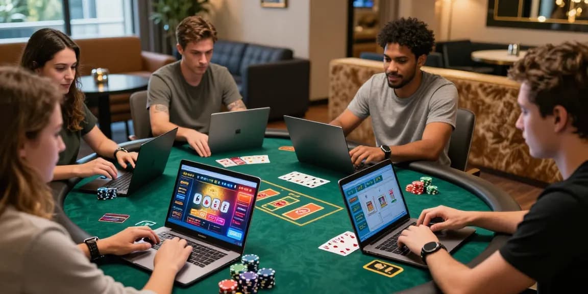 Engaging players enjoying their experience at a credit card casino with laptops, vibrant decor, and lively atmosphere.